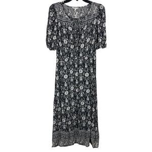 Lucky‎ Brand Maxi Long Dress Floral Gray XS 3/4 Sleeve Boho Prairie Romantic